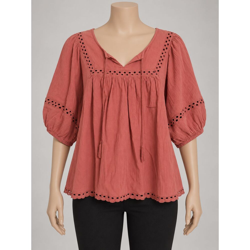 Old Navy Women’s Large Coral Gauze Peasant Blouse Eyelet Balloon Sleeve Boho Top